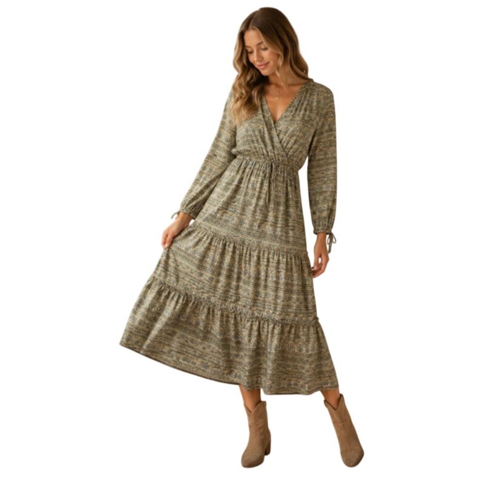Anna Kaci California Dress L Boho Tiered Midi Faux Wrap Sage Paisley Cottage